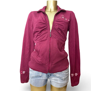 Burgundy 100% cotton ruched zip up tight fit sweatshirt (M)