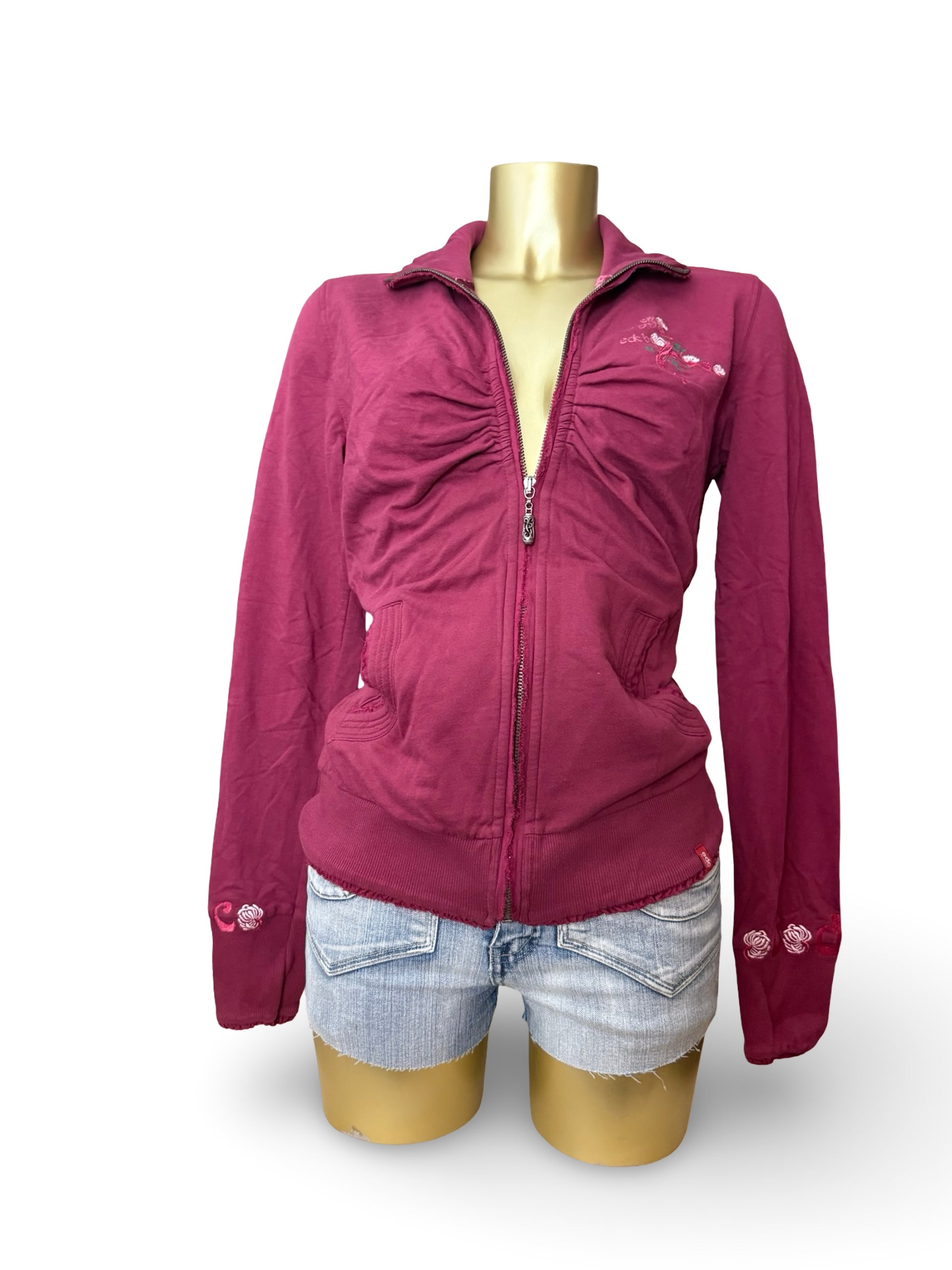 Burgundy 100% cotton ruched zip up tight fit sweatshirt (M)