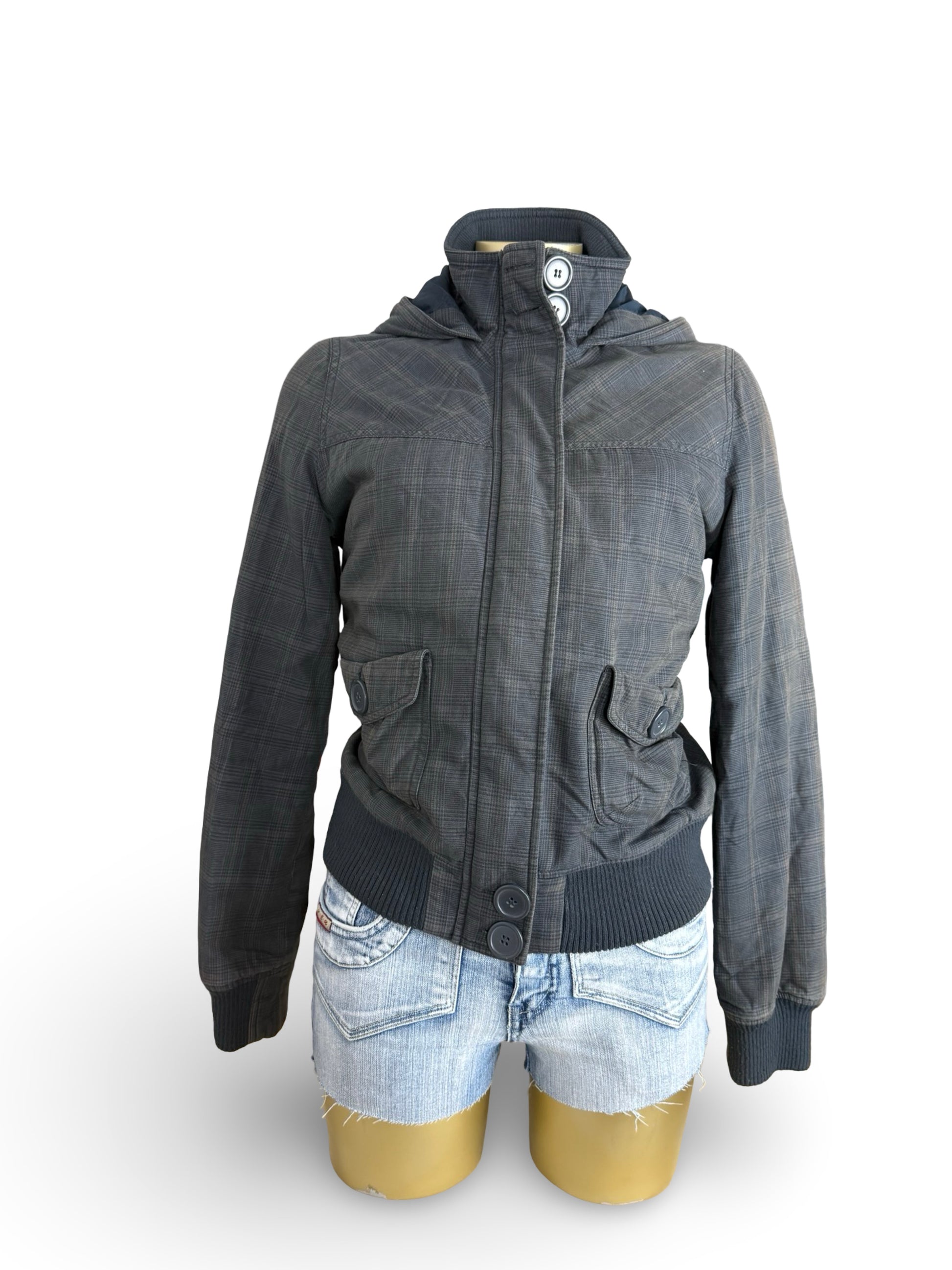 Grey cotton zip up hooded biker jacket (M)