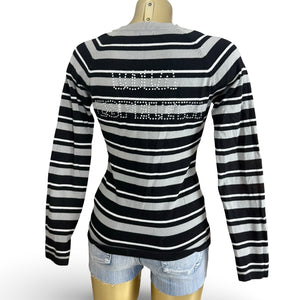 Grey striped V neck cotton jumper (L)
