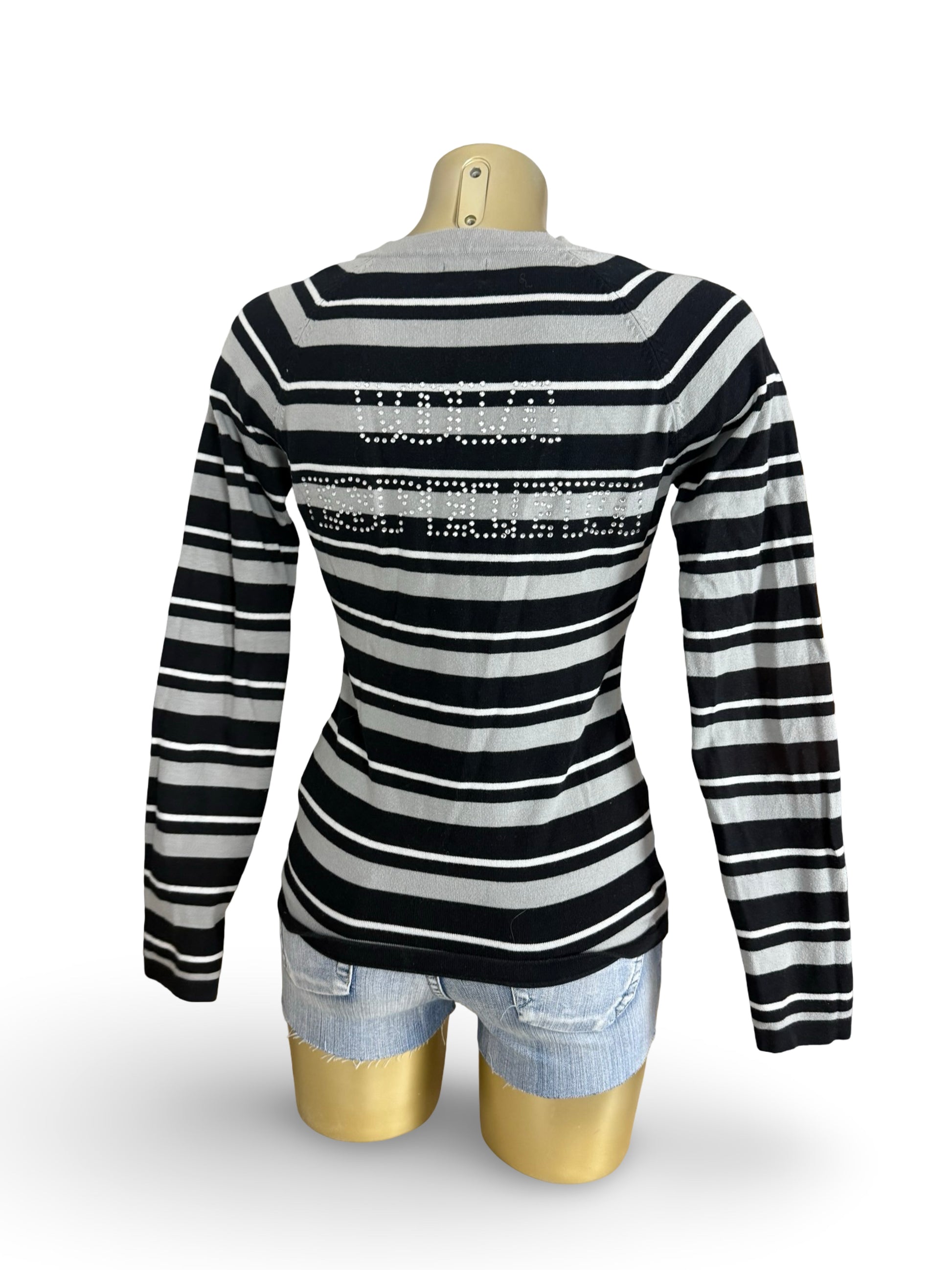 Grey striped V neck cotton jumper (L)