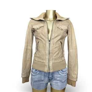 Beige real leather biker jacket (S)