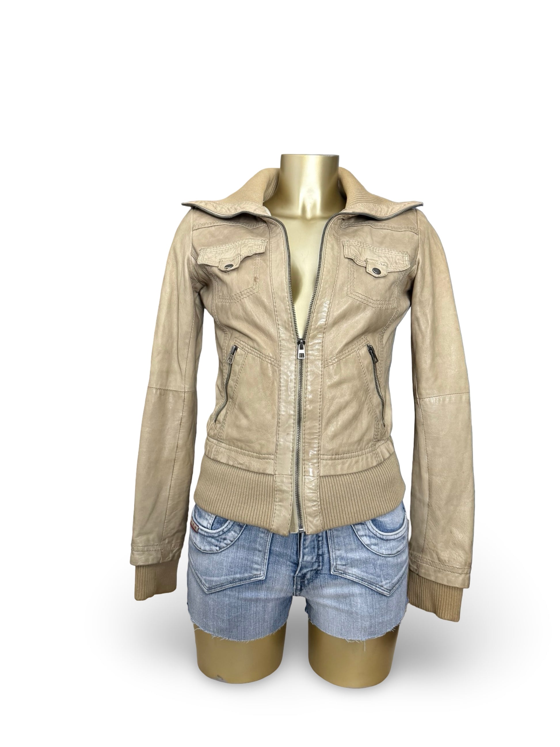 Beige real leather biker jacket (S)