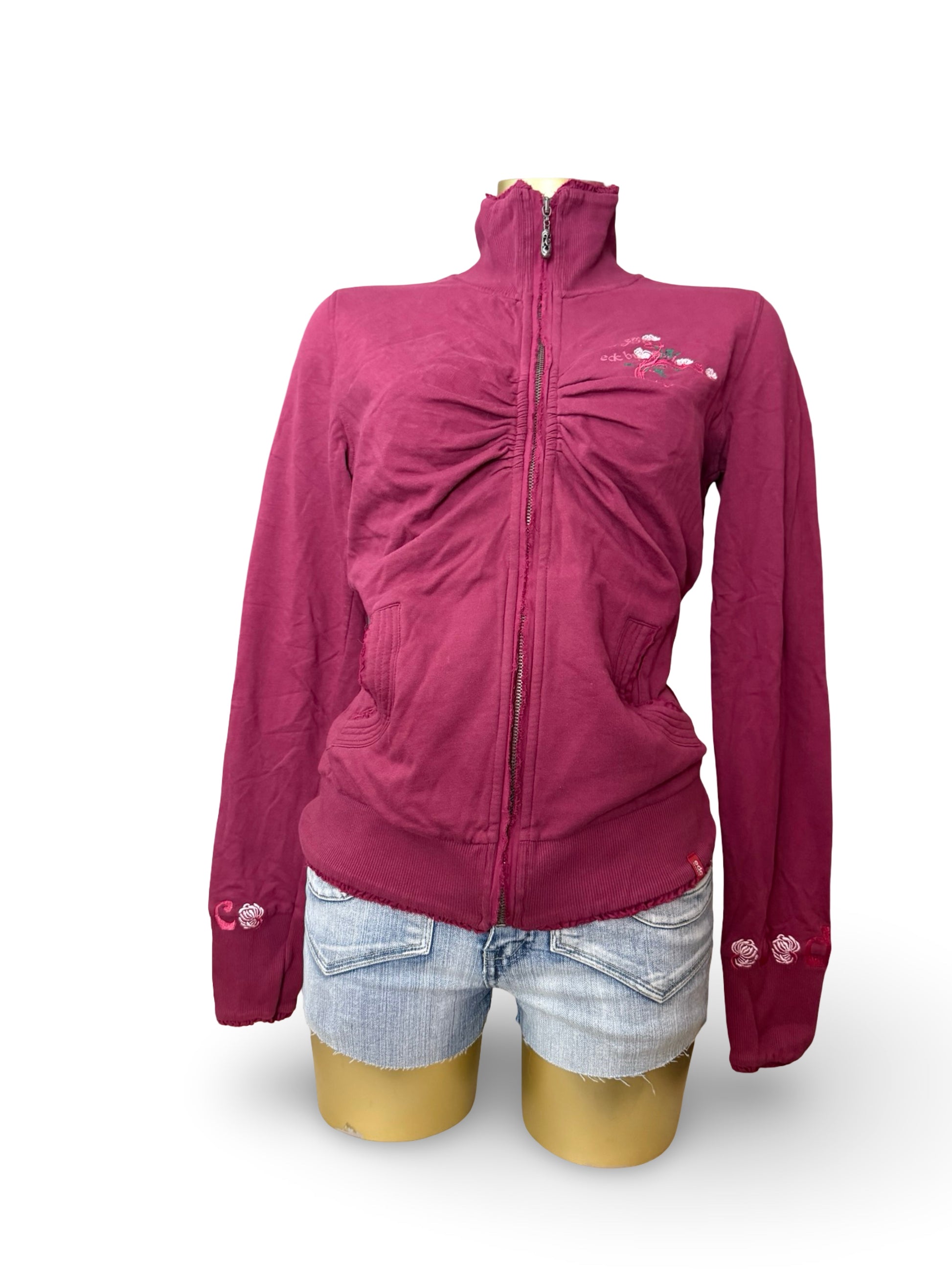 Burgundy 100% cotton ruched zip up tight fit sweatshirt (M)