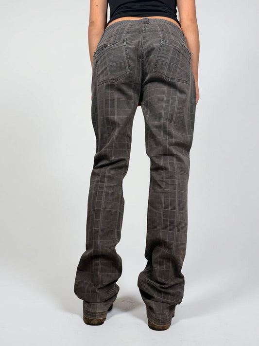 Grey check print low rise straight legs denim pants (XL)