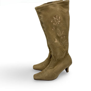Beige floral embroidered knee high boots (39)