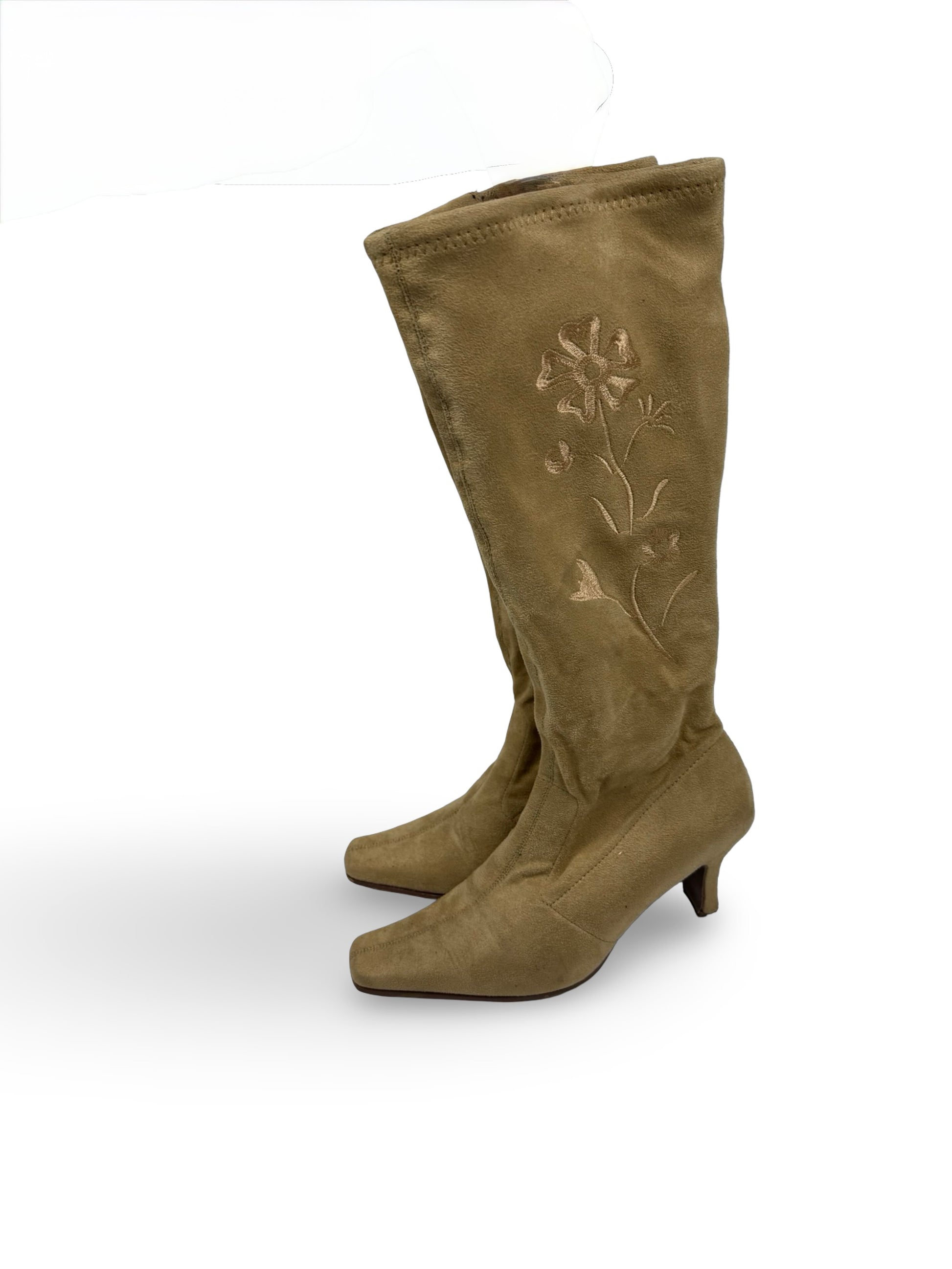 Beige floral embroidered knee high boots (39)