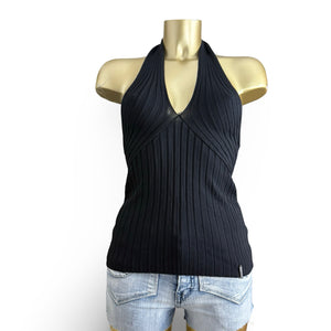 Black ribbed backless halter top (M)