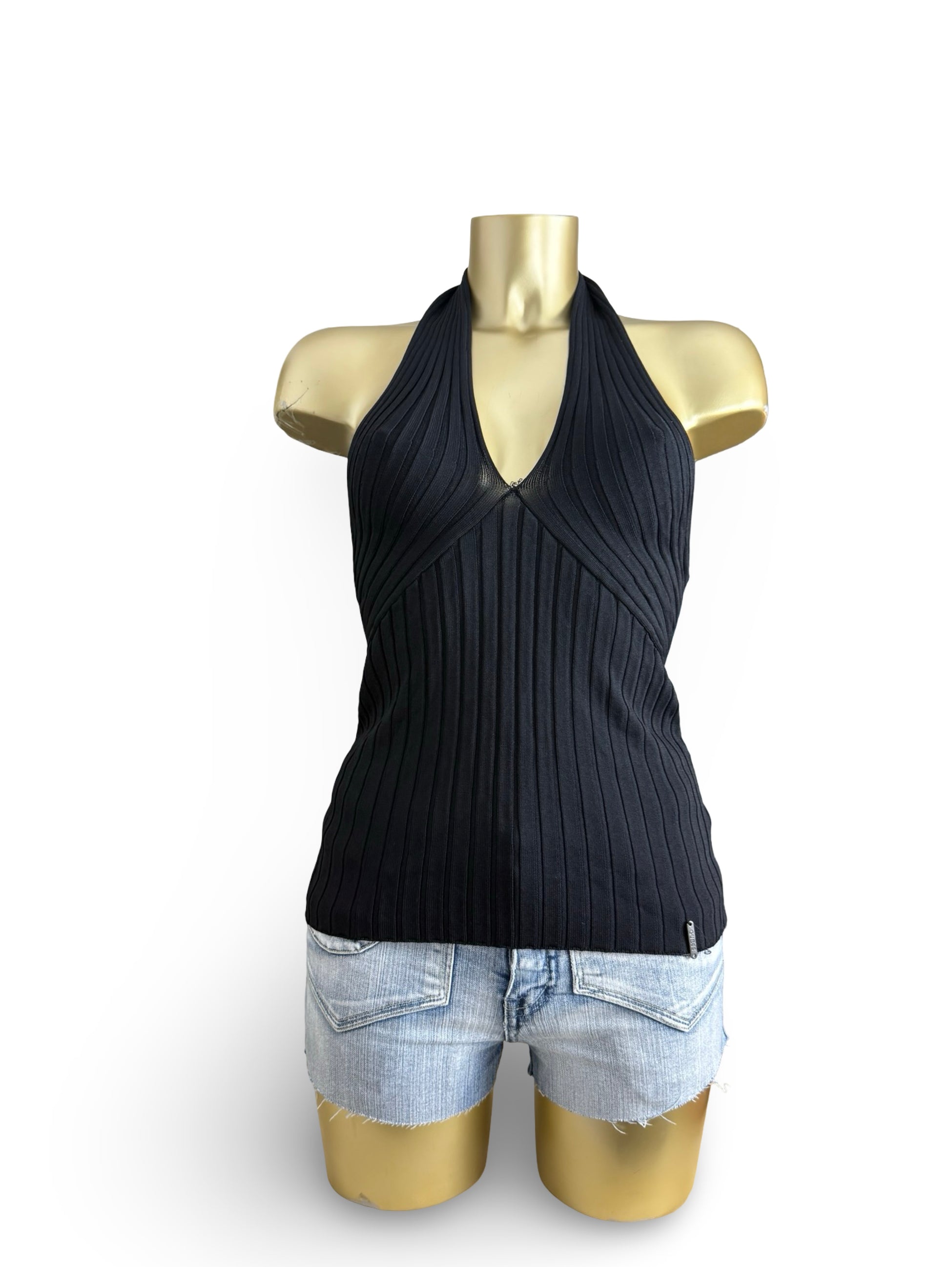 Black ribbed backless halter top (M)