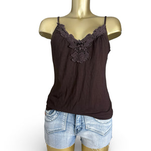 Brown embroidered neck cami top (L)