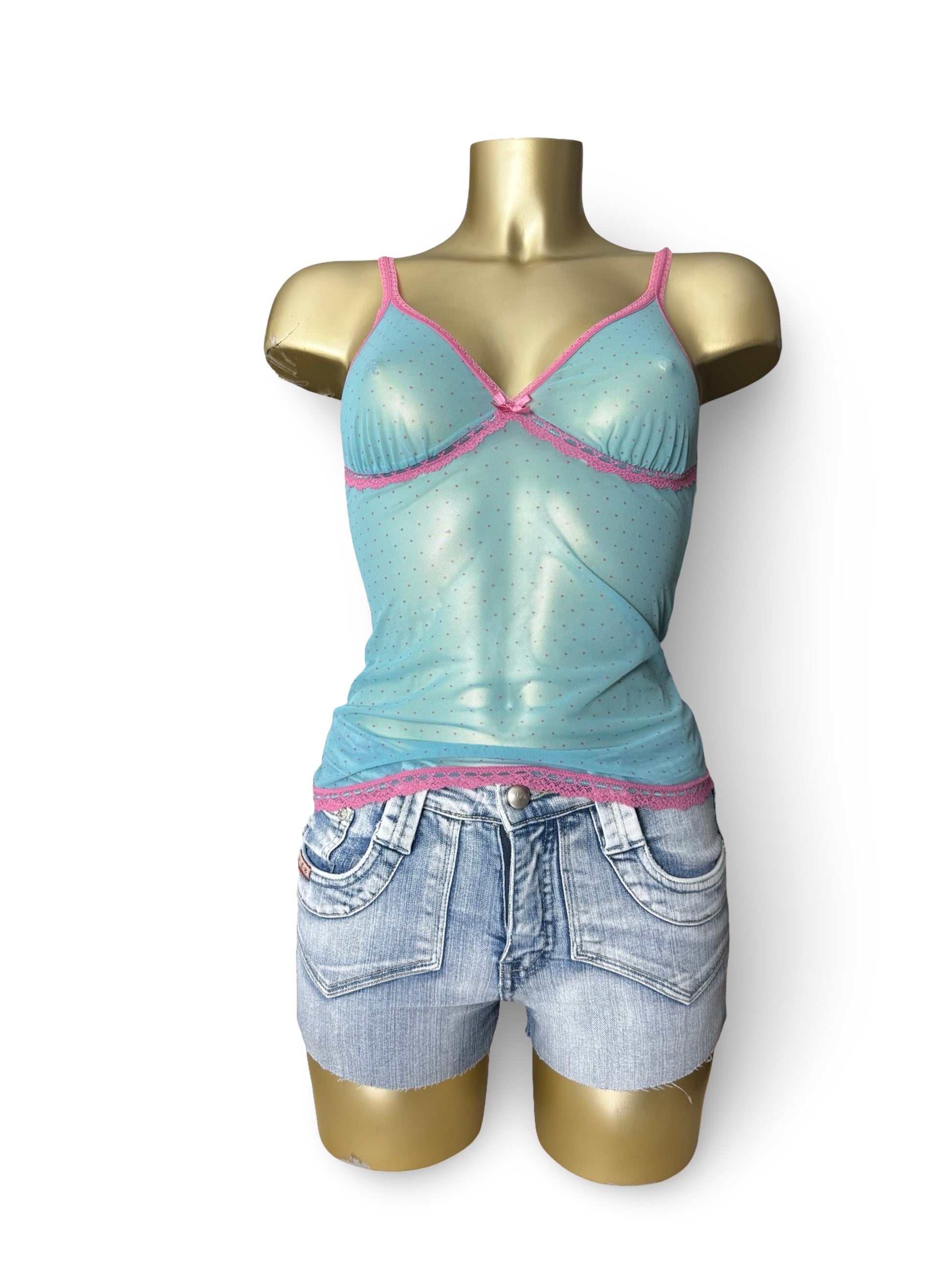 Blue & pink mesh babydoll cami top (M/L)