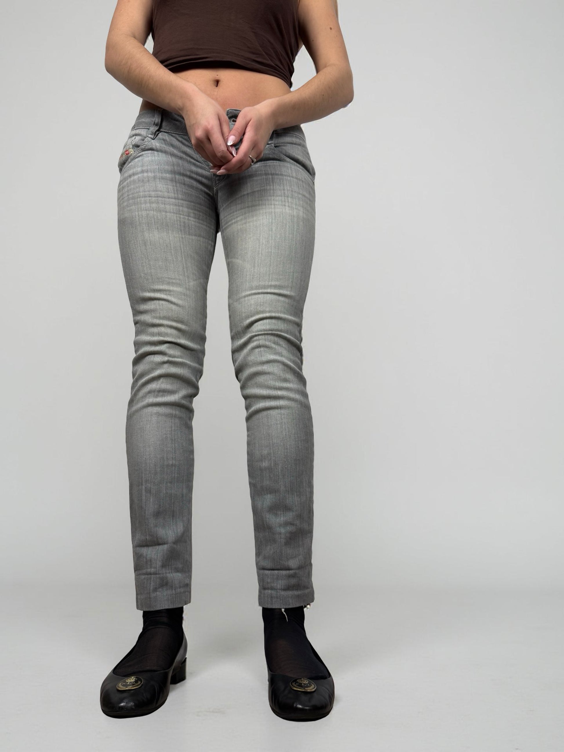 Grey denim low rise skinny pants (XS)