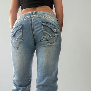 Blue denim low rise straight legs pants (M)