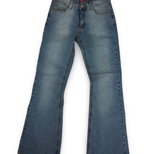 Blue denim low rise flare pants (S)