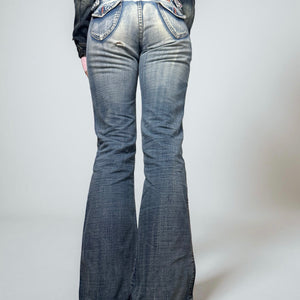 Blue denim low rise flare pants (S)