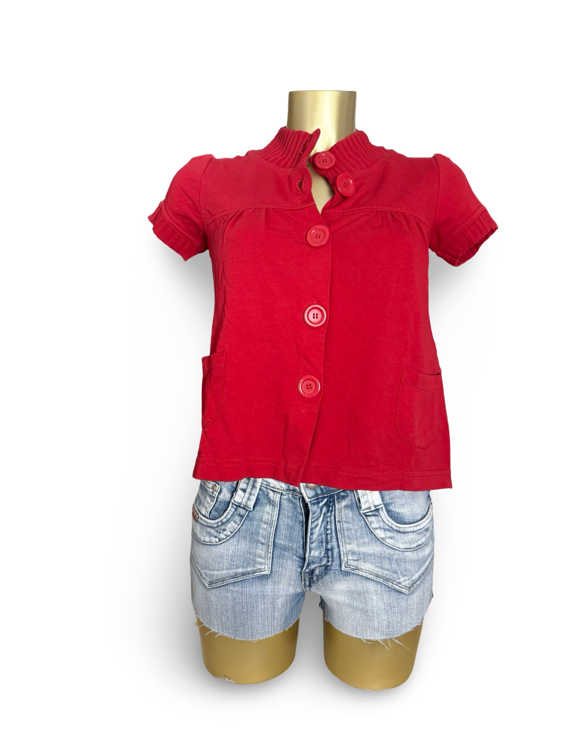 Red buttons up cotton short sleeves cardigan (S/M)