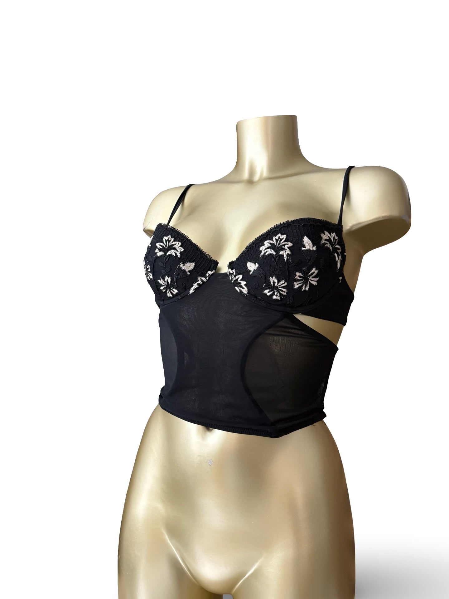 Black mesh embroidered corset top (S)