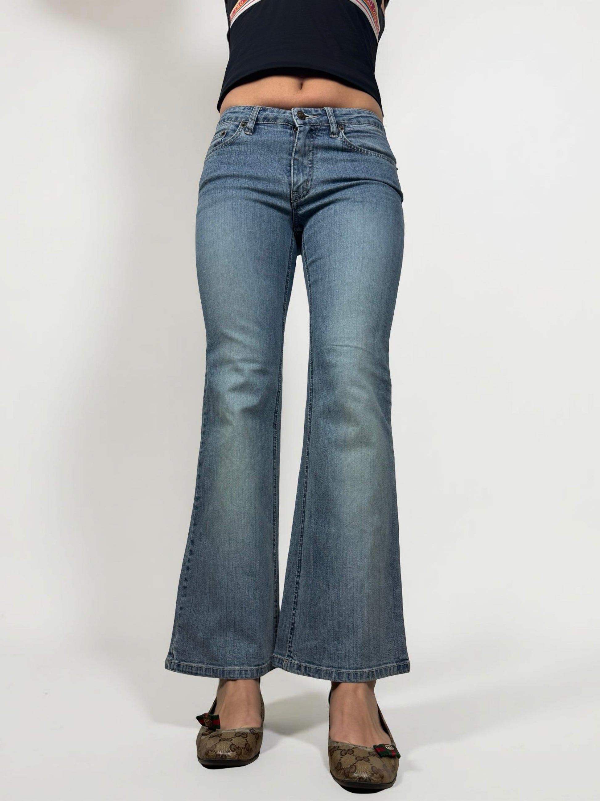 Blue denim low rise flared pants (S/M)