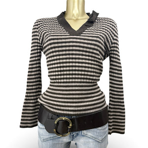 Brown V neck striped wool jumper (XL)