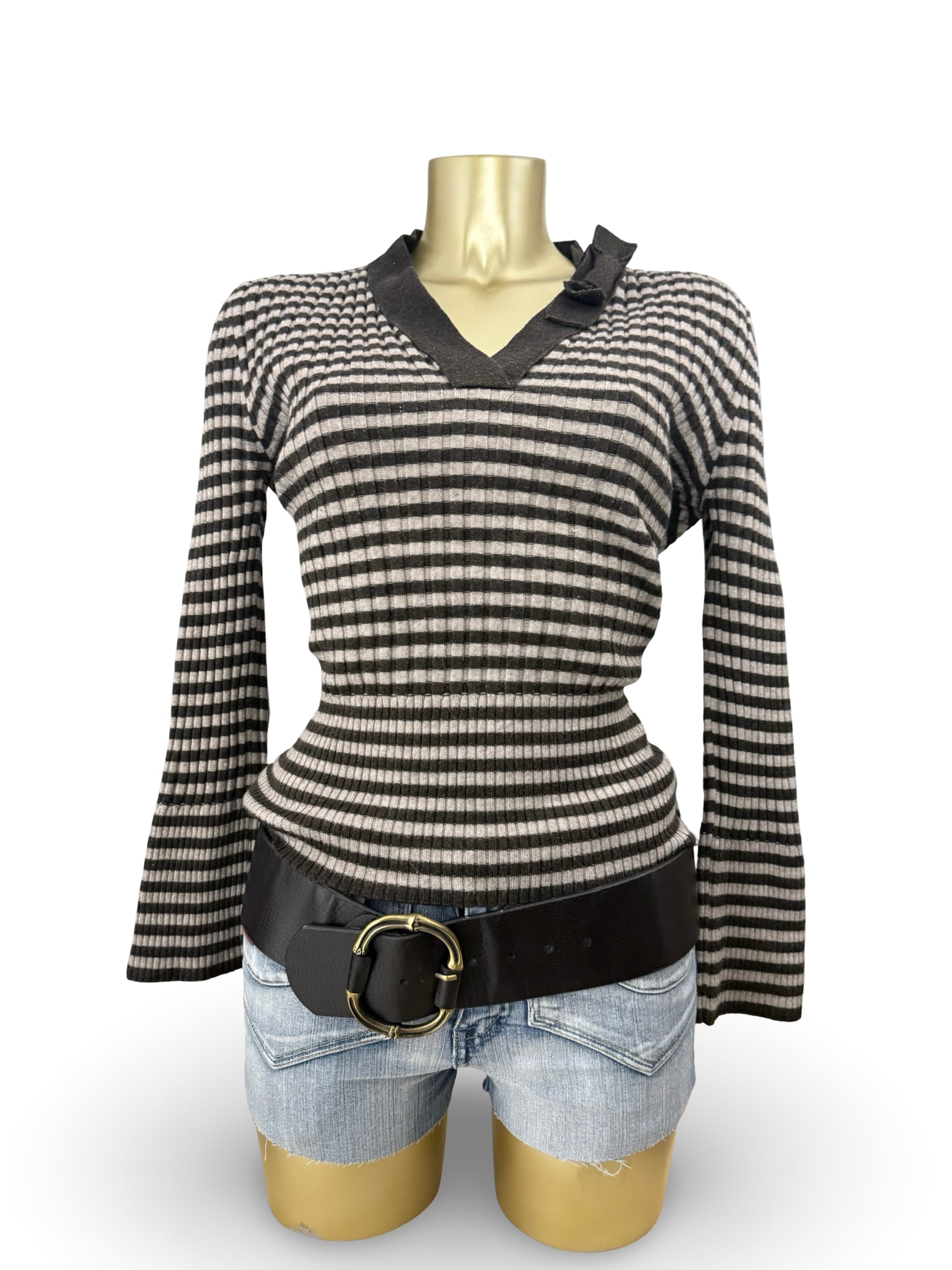 Brown V neck striped wool jumper (XL)
