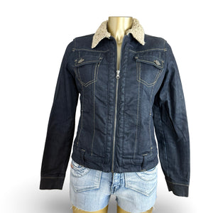 Navy denim & faux fur zip up biker jacket (S/M)
