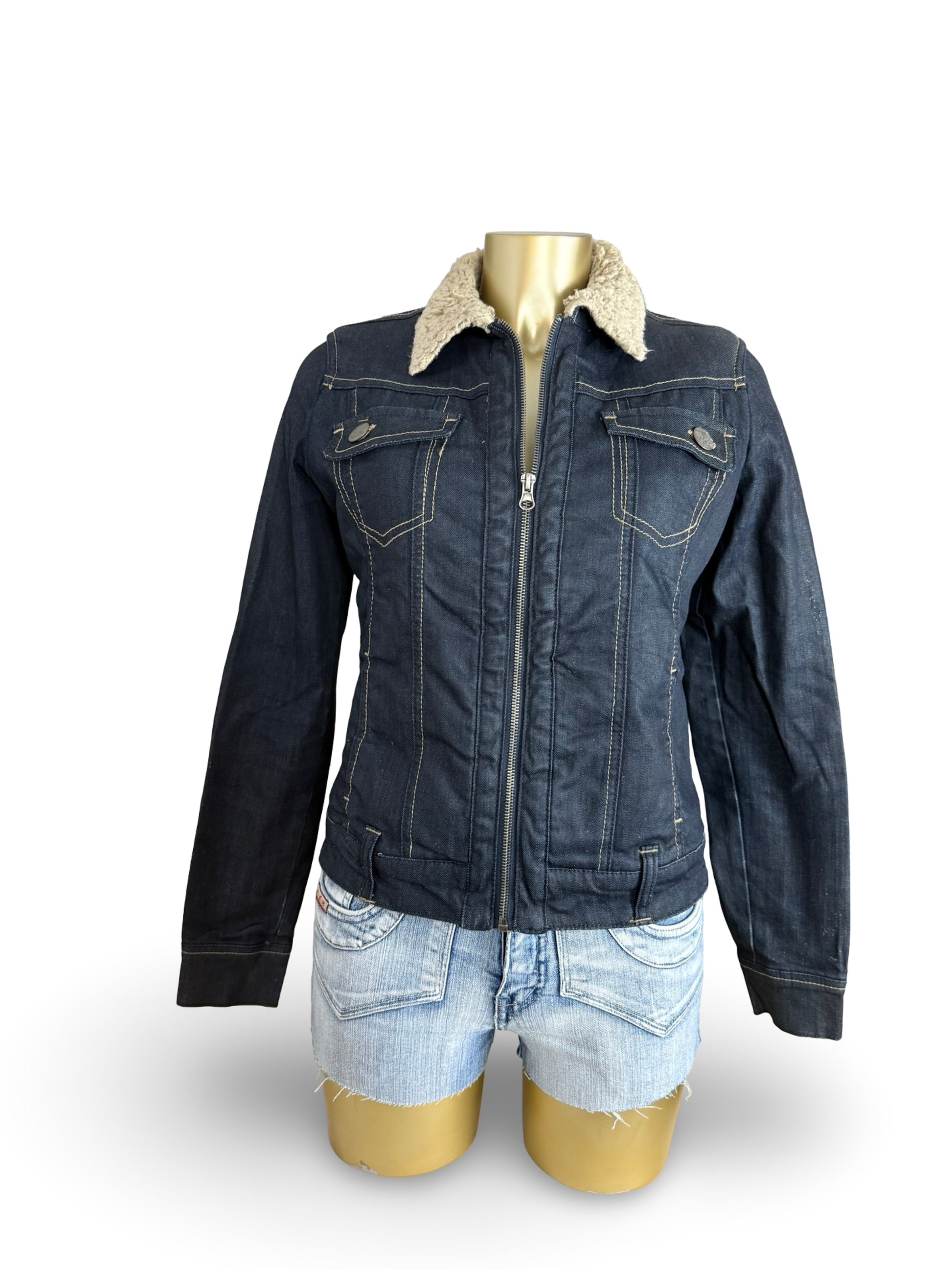 Navy denim & faux fur zip up biker jacket (S/M)