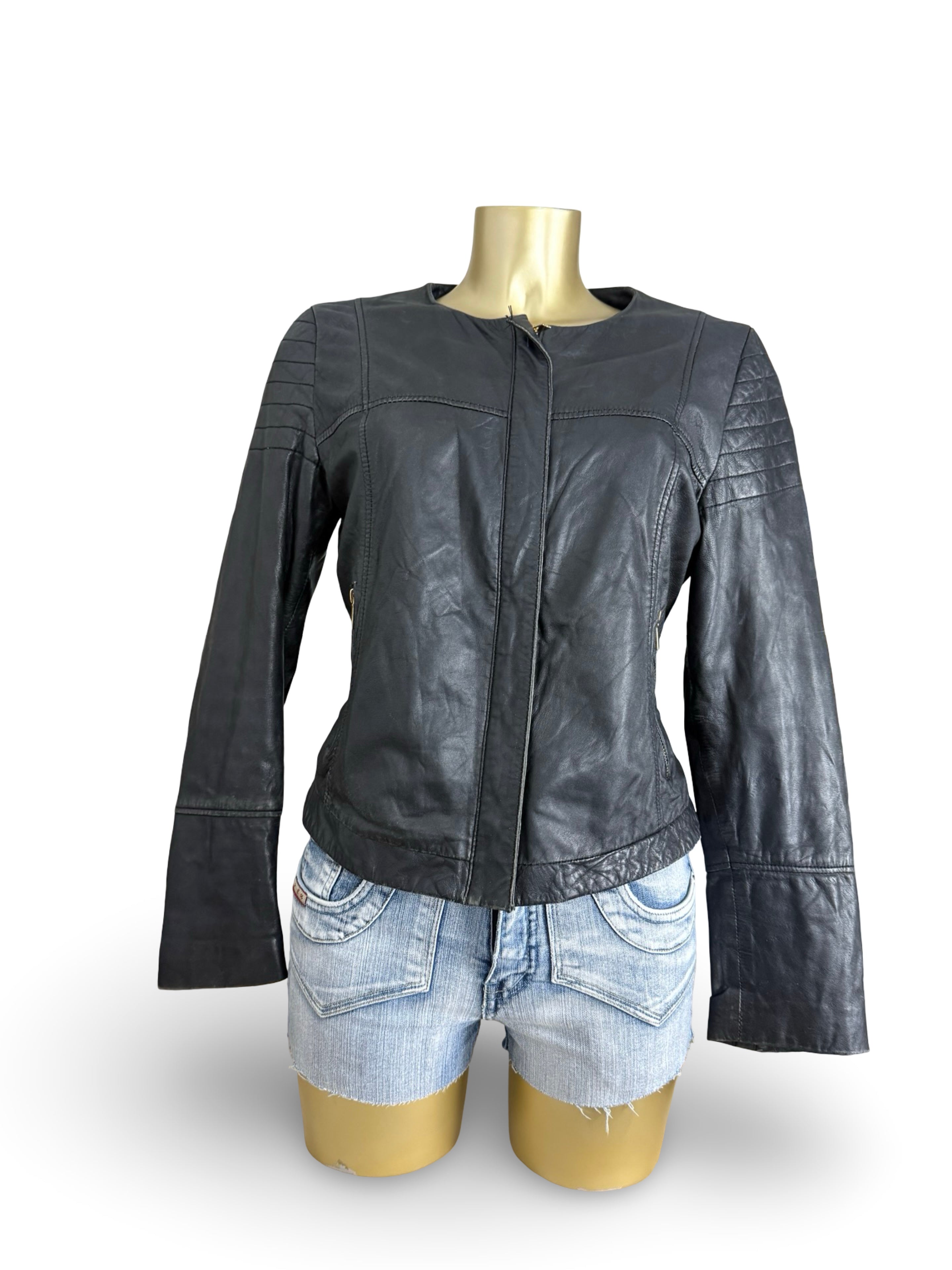Black real leather zip up biker jacket (L)