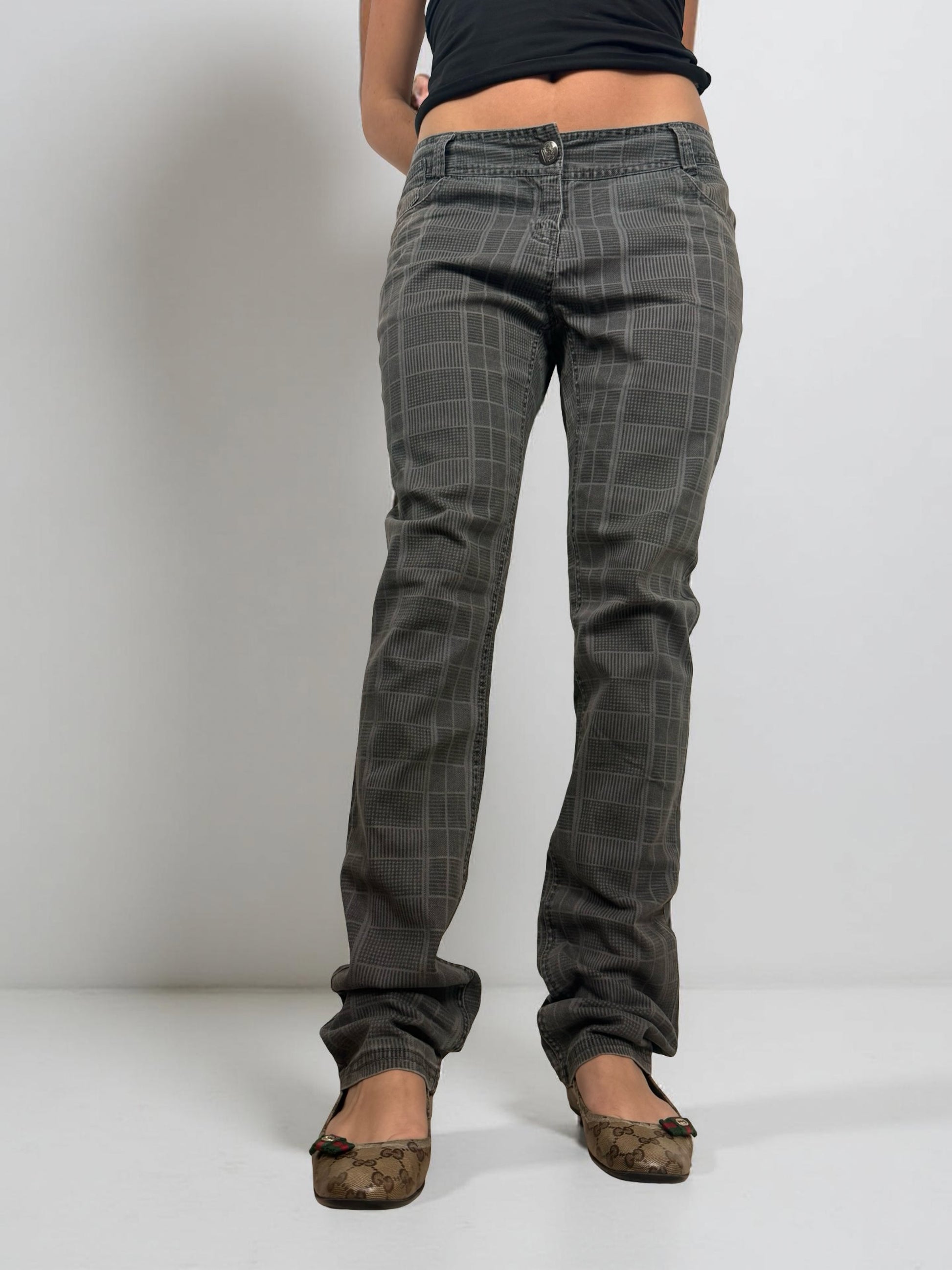 Grey check print low rise straight legs denim pants (XL)