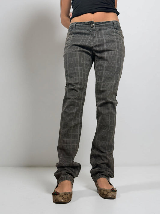Grey check print low rise straight legs denim pants (XL)