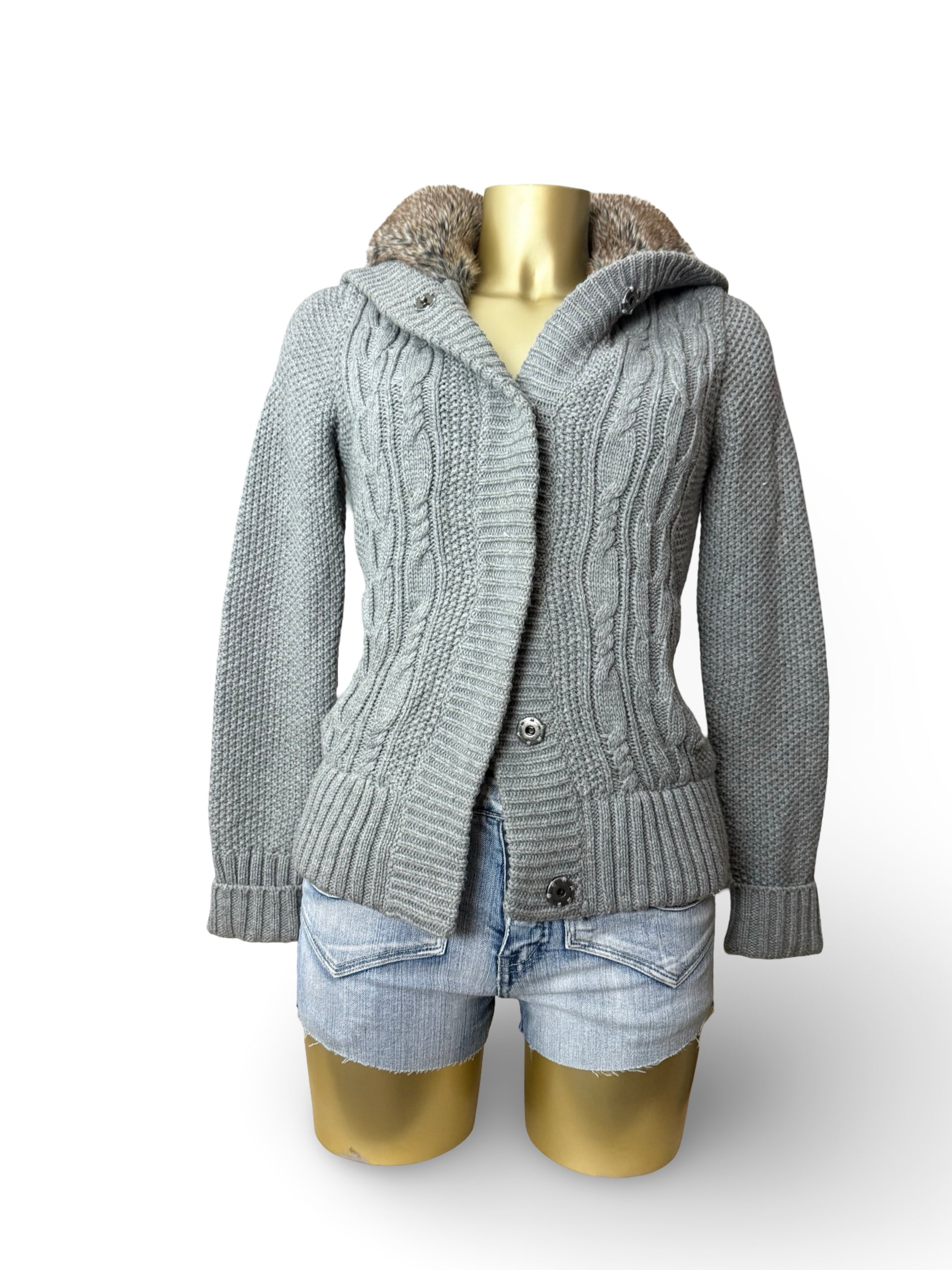 Grey inside faux fur zip up hooded knit jumper (S/M)