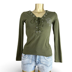 Khaki lace up long sleeves top (S)
