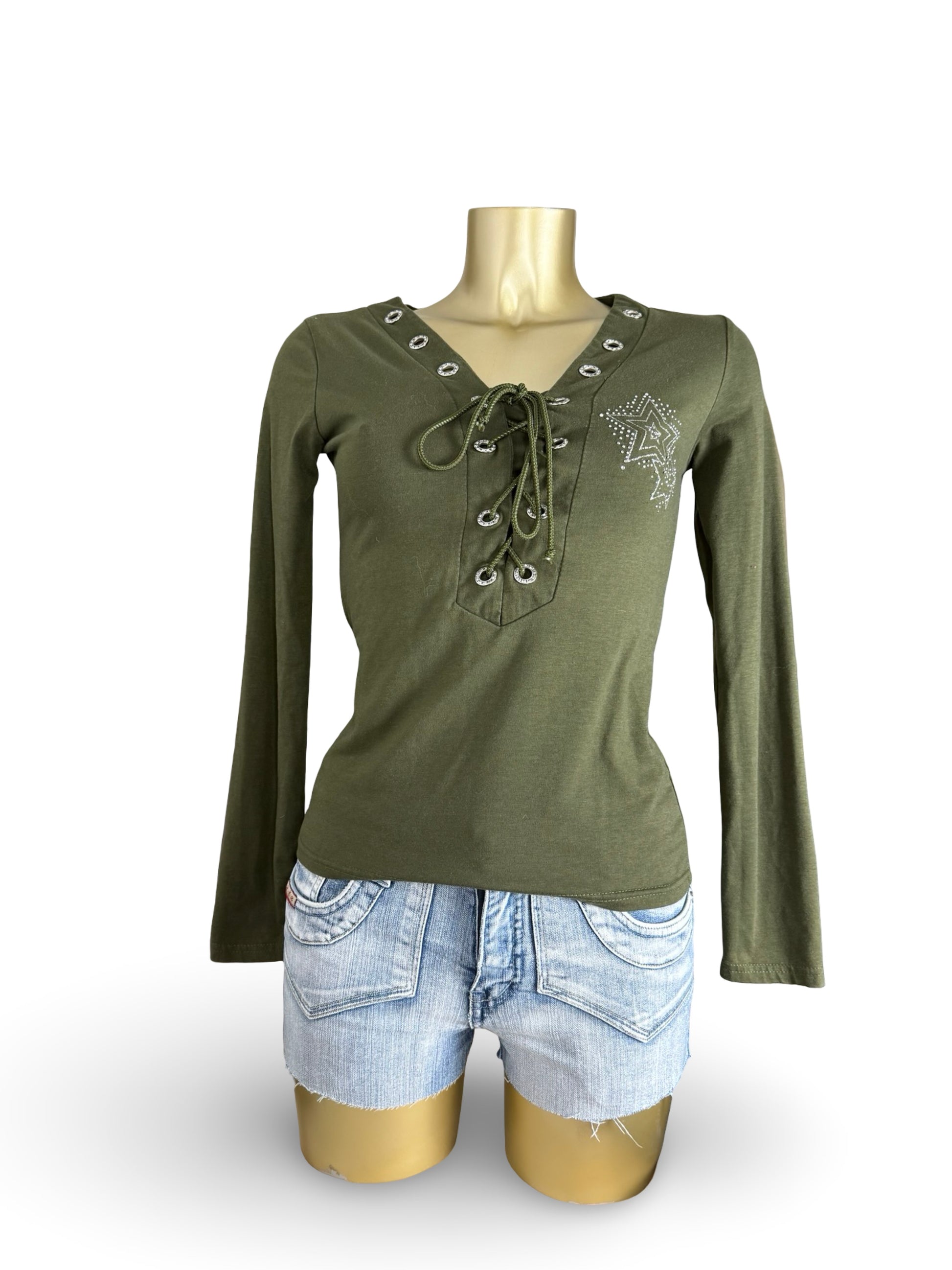 Khaki lace up long sleeves top (S)