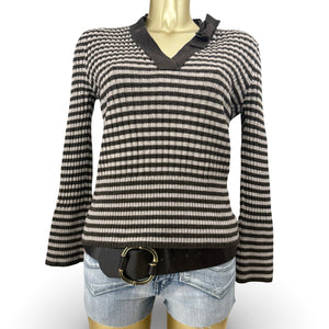 Brown V neck striped wool jumper (XL)