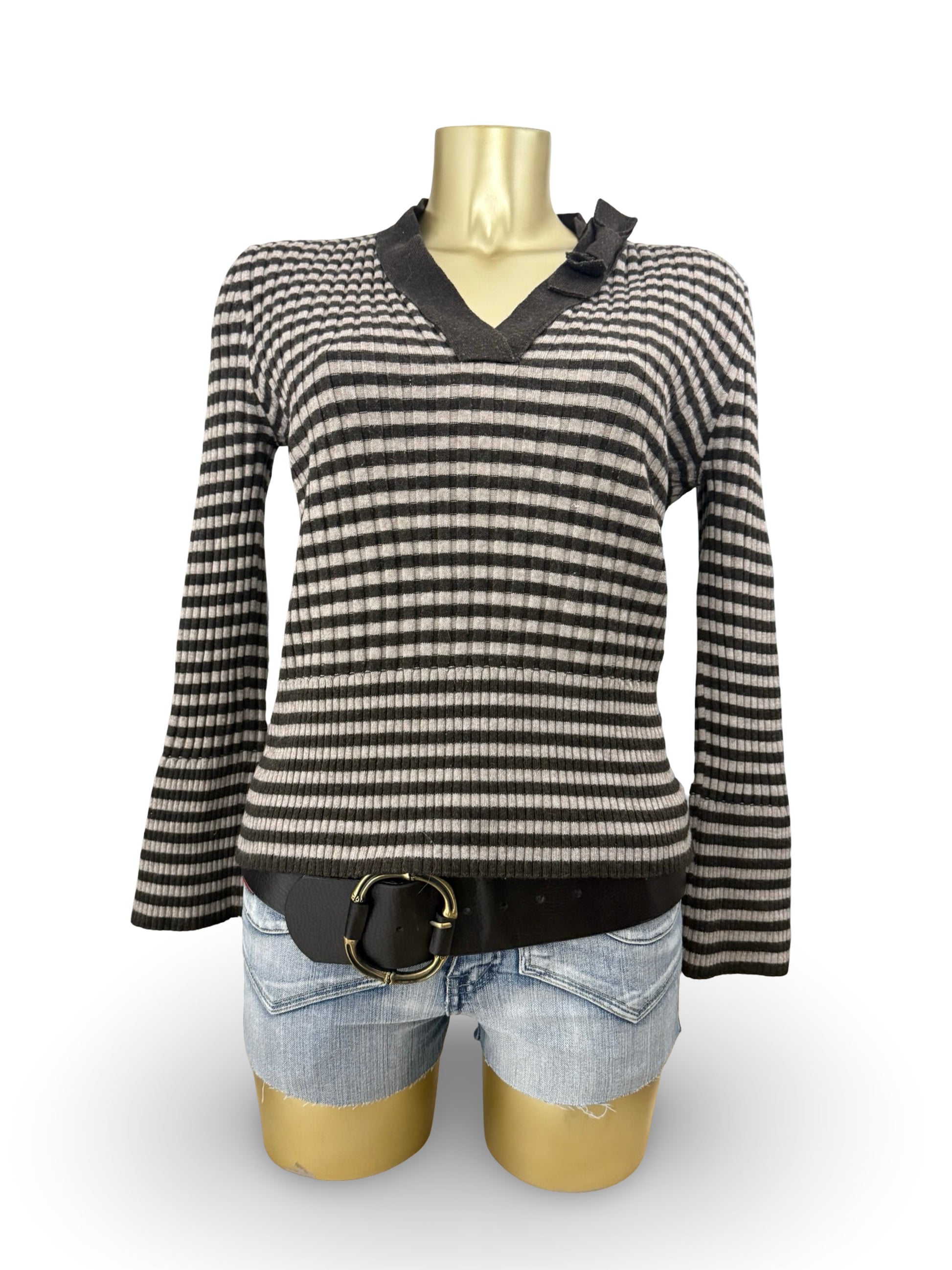 Brown V neck striped wool jumper (XL)