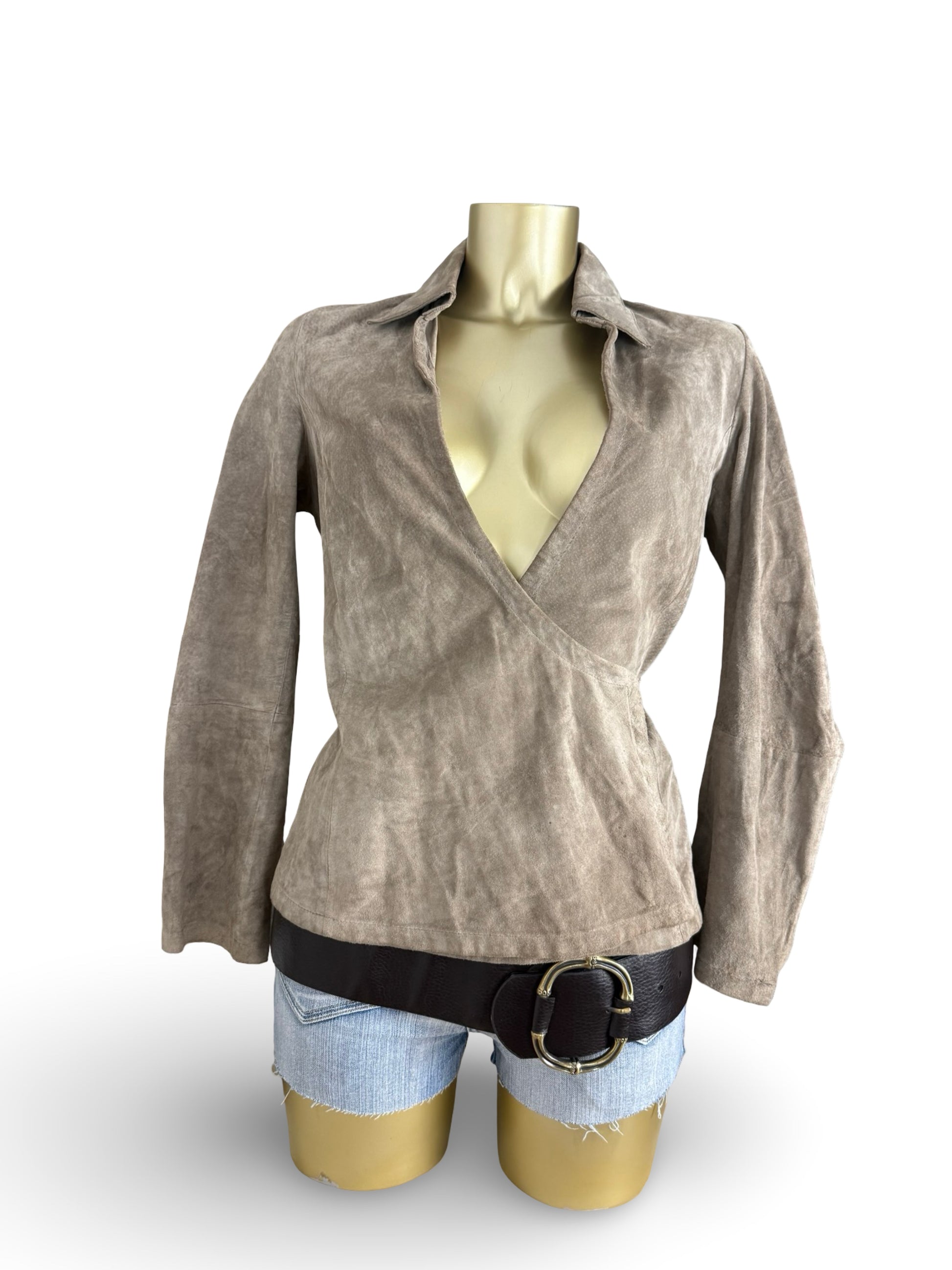 Beige real suede leather tie up jacket (S/M)