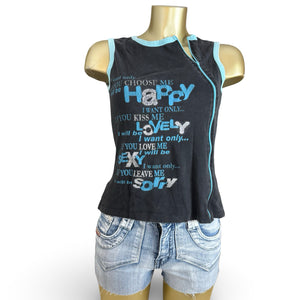 Black zip up cotton graphic tank top (L)