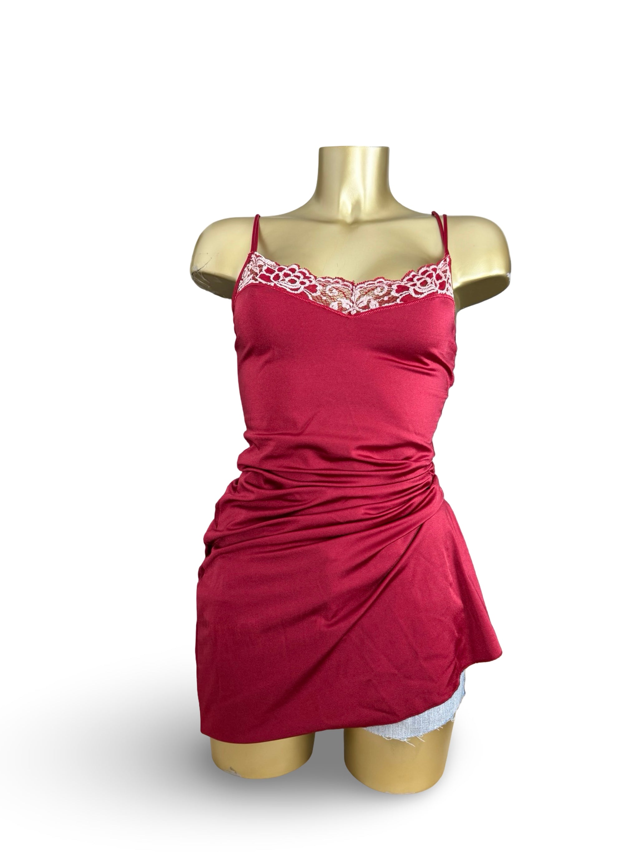 Red tight fit lace neck babydoll mini dress (XS)