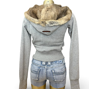 Grey cotton real fur zip up tight fit hooded jacket (S)