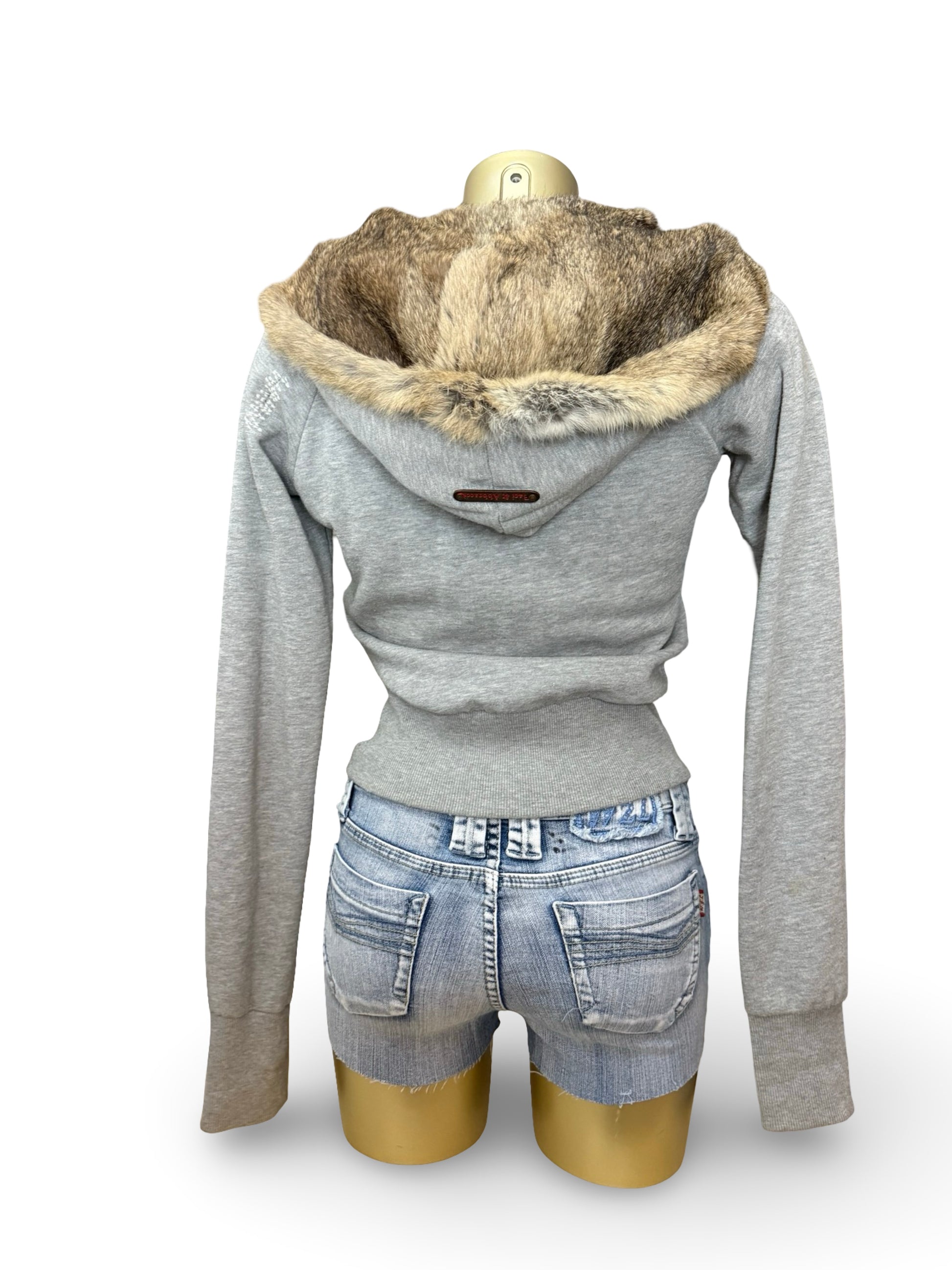 Grey cotton real fur zip up tight fit hooded jacket (S)