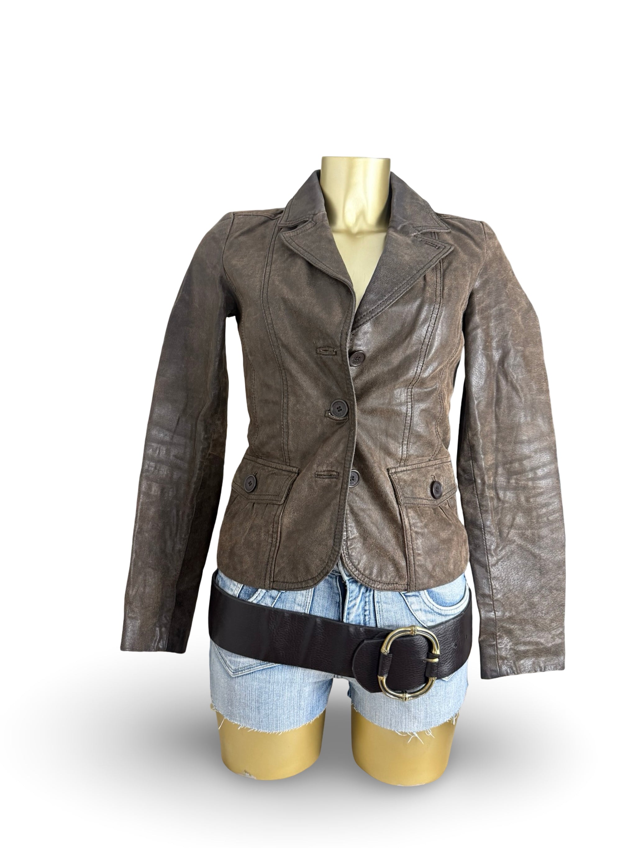 Brown real leather tight fit jacket (XS)