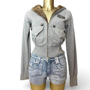 Grey cotton real fur zip up tight fit hooded jacket (S)