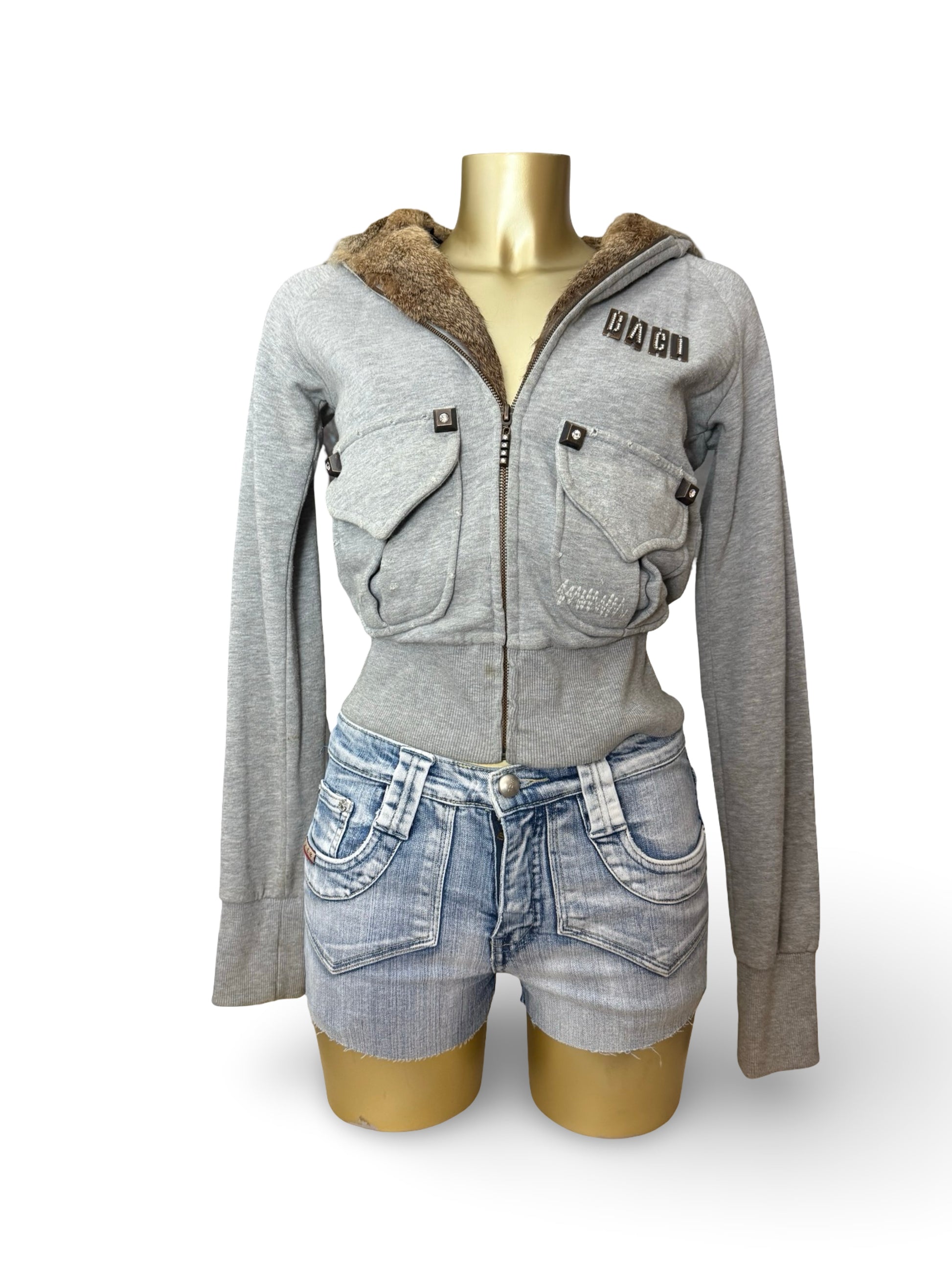 Grey cotton real fur zip up tight fit hooded jacket (S)