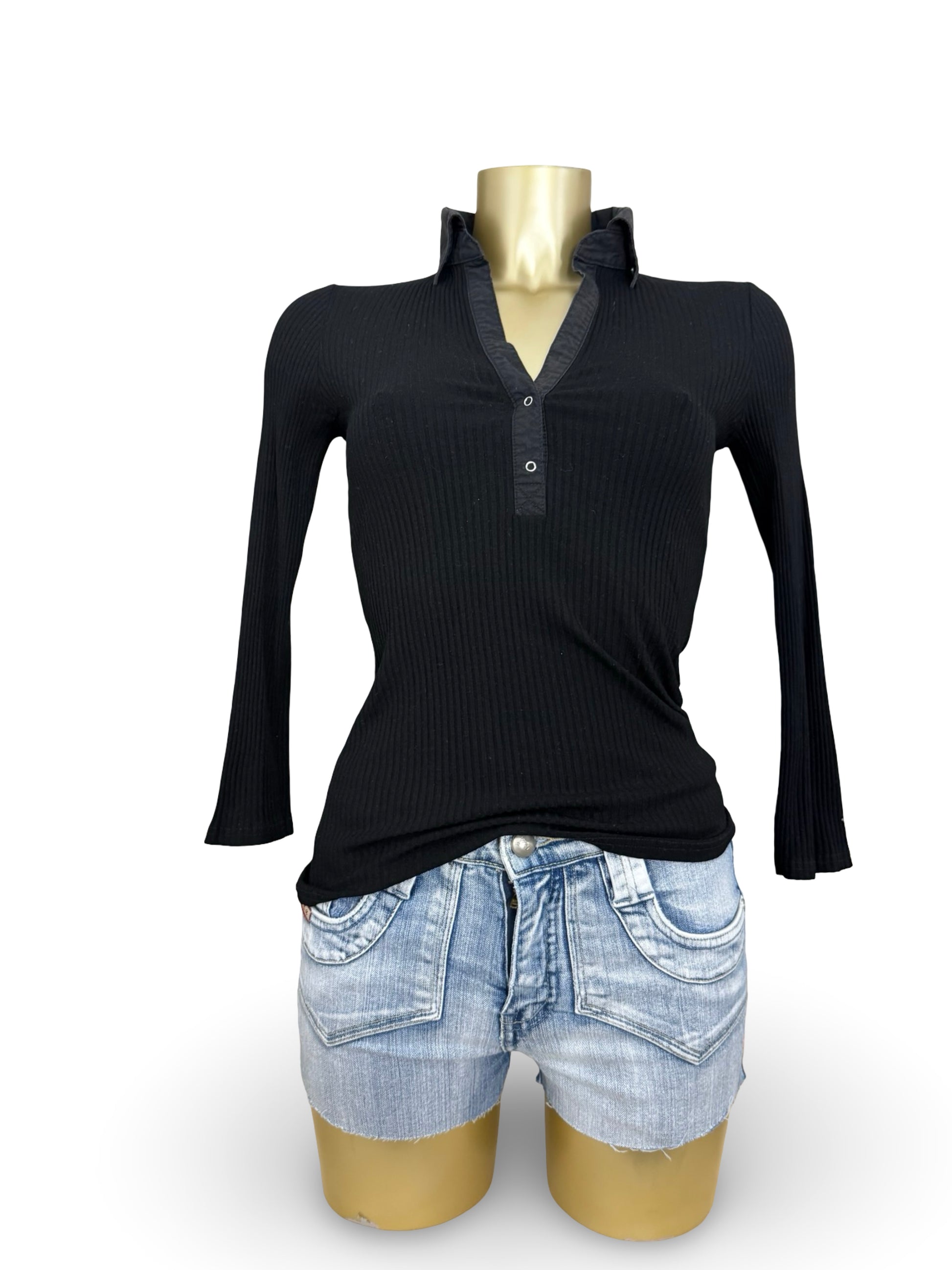 Black ribbed polo neck cotton long sleeves top (S/M)