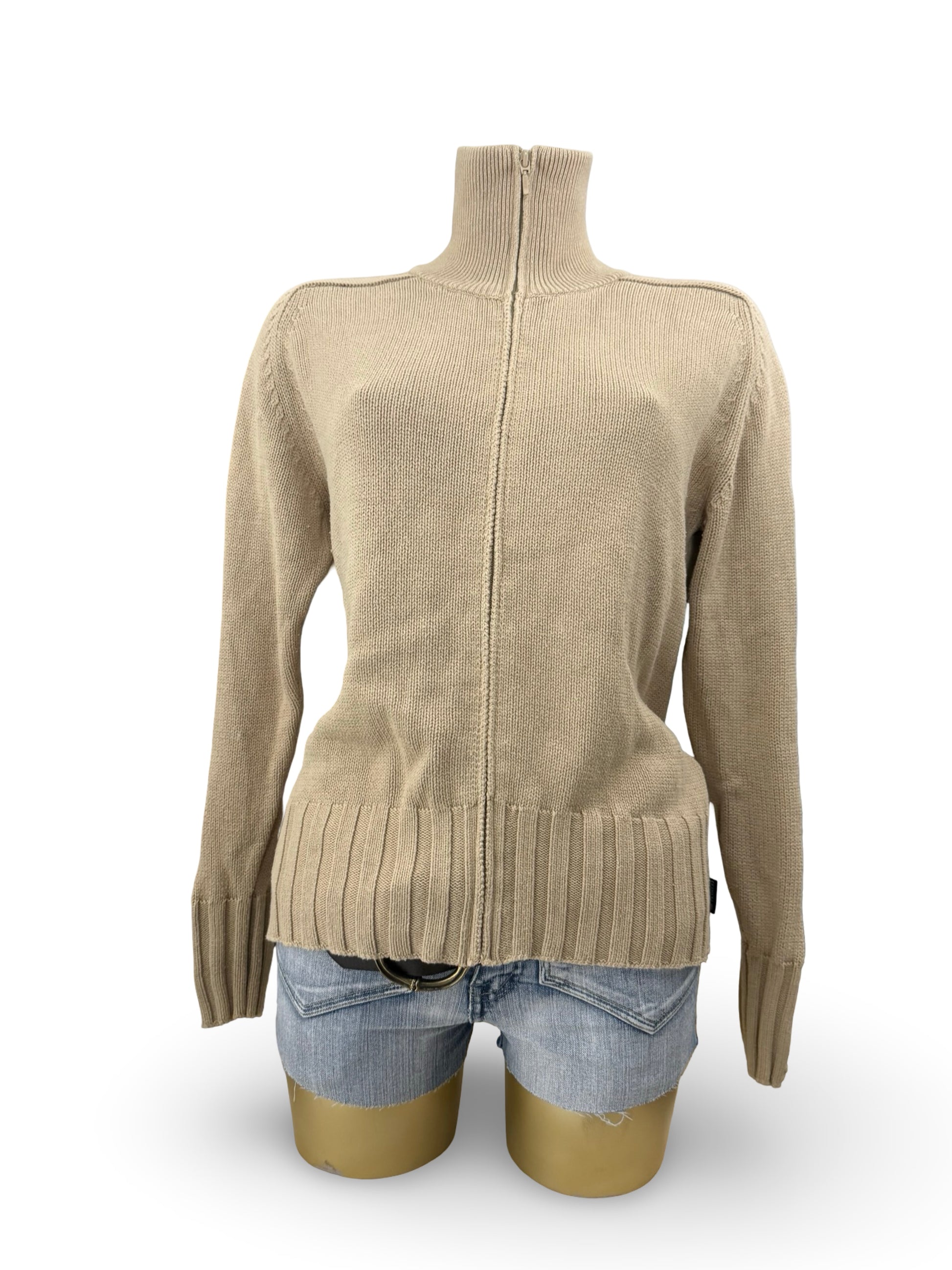 Beige 100% cotton zip up cardigan jumper (L)