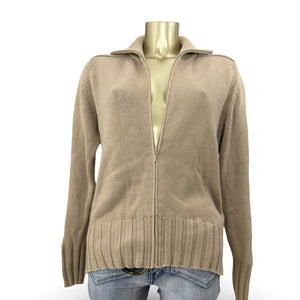 Beige 100% cotton zip up cardigan jumper (L)