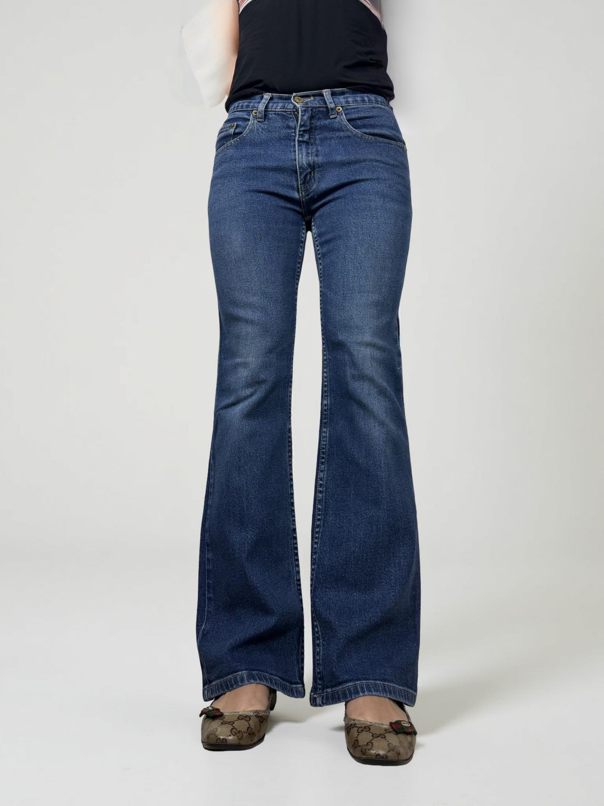 Blue denim mid rise flared pants (S)