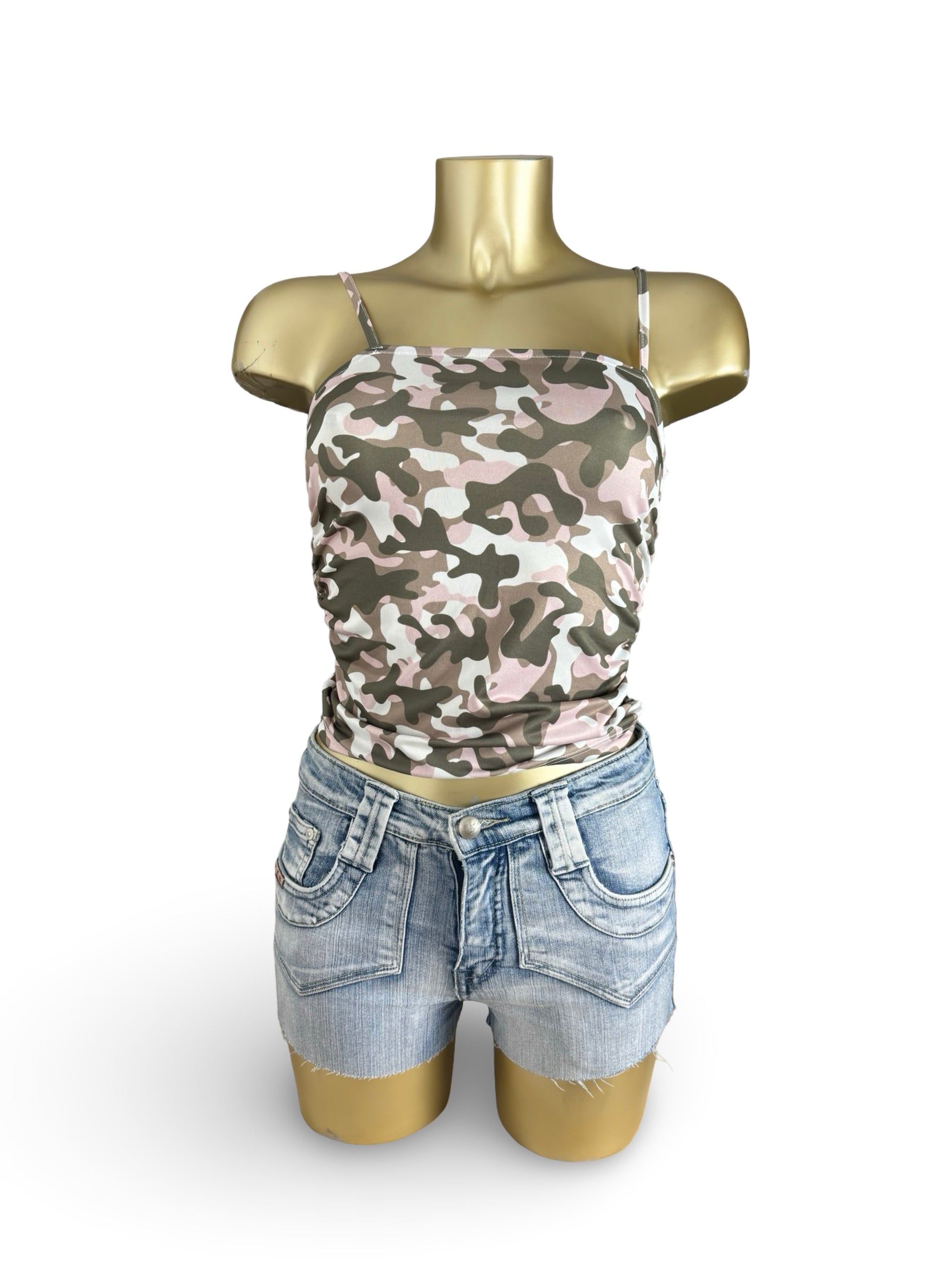 Baby pink & khaki camo print top (S)