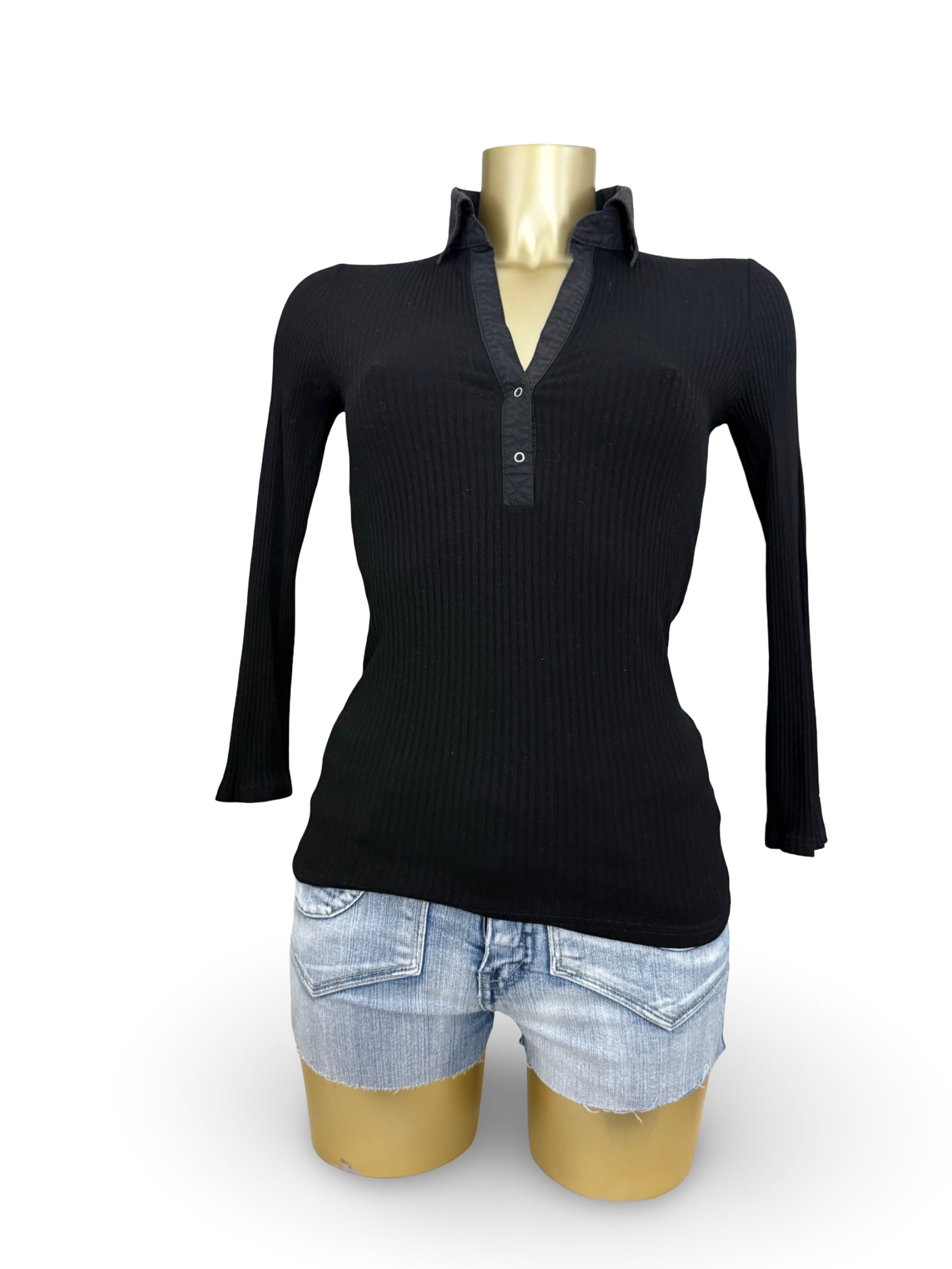 Black ribbed polo neck cotton long sleeves top (S/M)