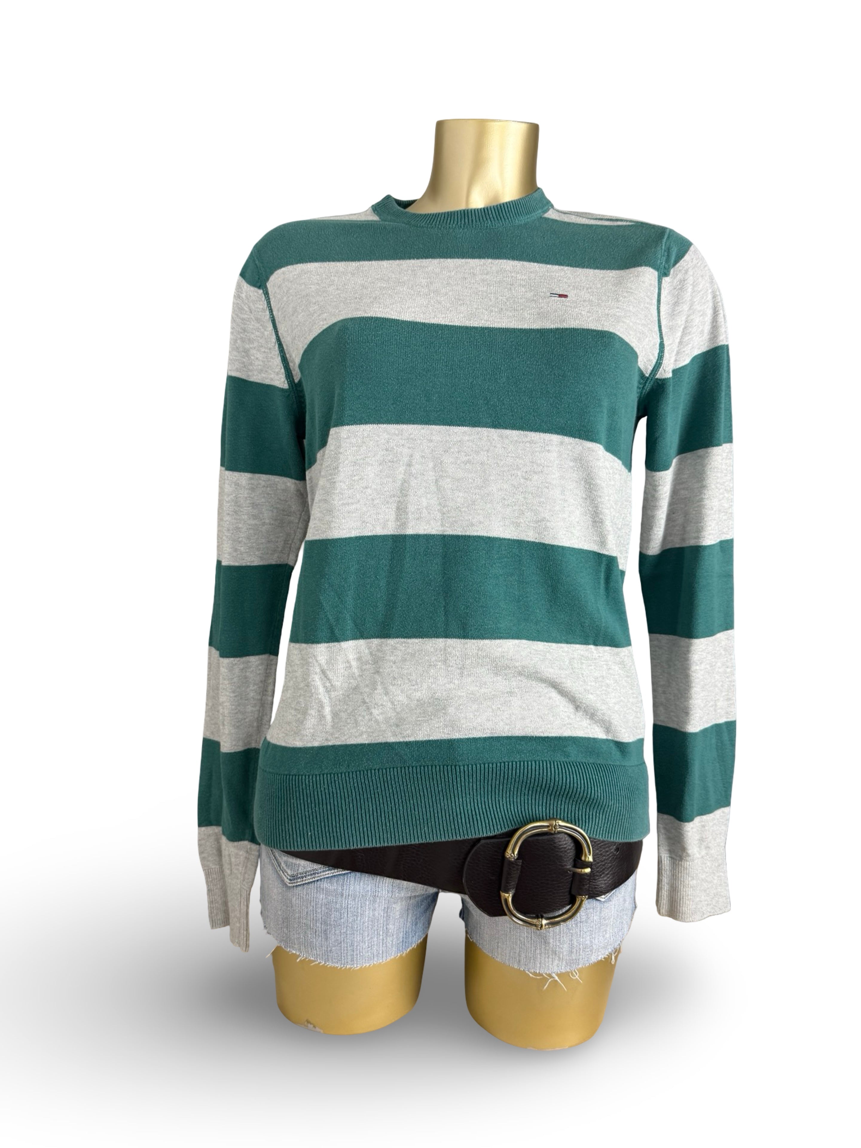 Green & grey striped roundneck cotton jumper (S/M)