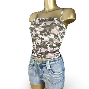 Baby pink & khaki camo print top (S)